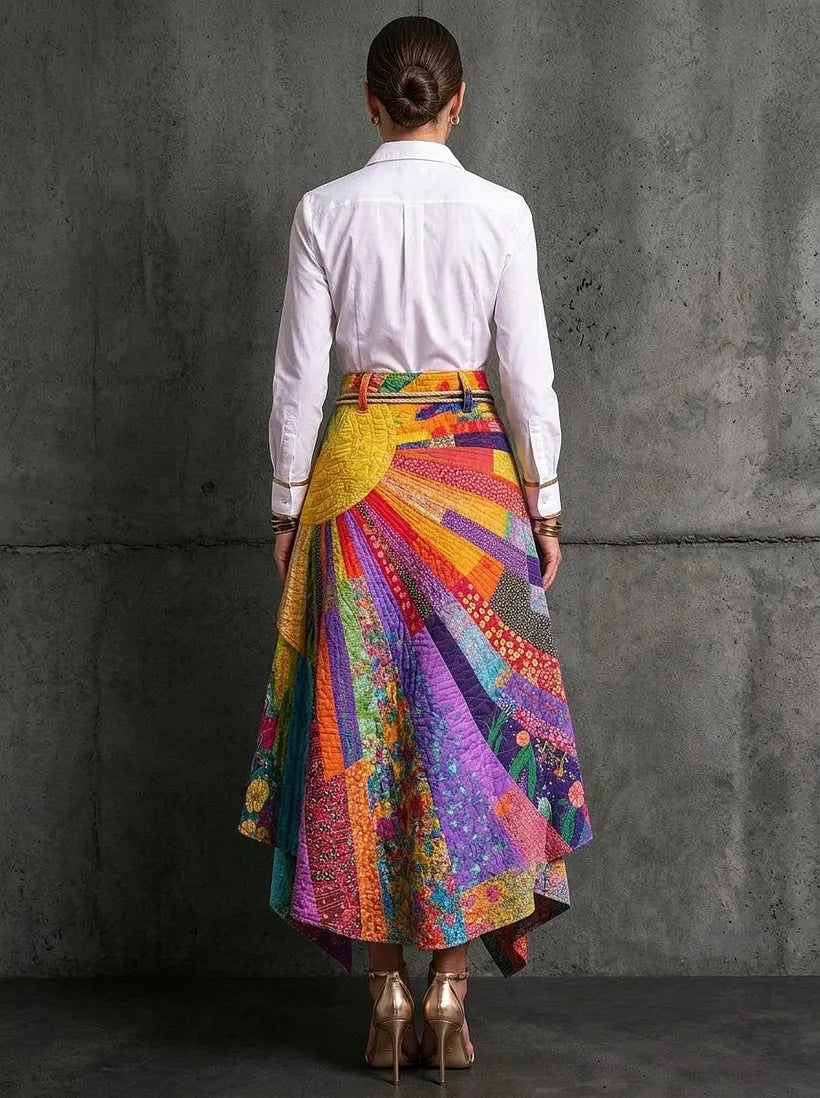 Zaria | Bohemian Patchwork Asymmetrical Midi Skirt with Tassel Tie Waist