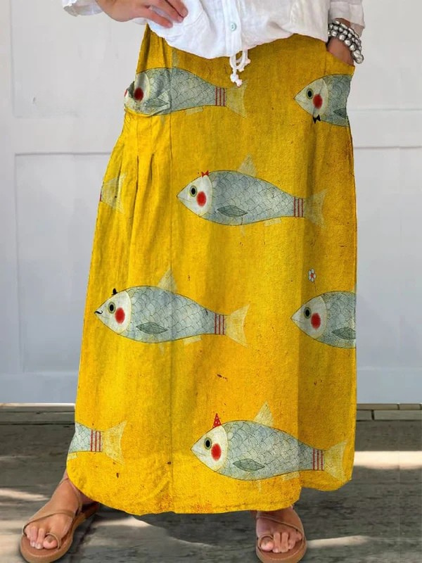 Elli | Vintage Fish Art Print Pocket Skirt